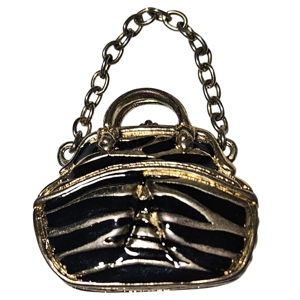 Miniature Gold Tone Black Zebra Print Purse Charm With Chain Pendant Jewelry